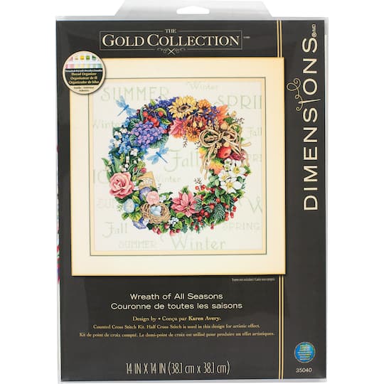 Counted Cross Stitch Kit WREATH OF ALL SEASONS Dimensions Gold Collection 